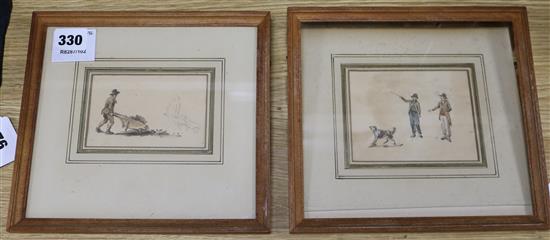 Nicolas Pocock (1741-1821), pair of watercolour sketches, Wheeling barrows and two men and a dog, Spink & Sons label verso Largest 9 x